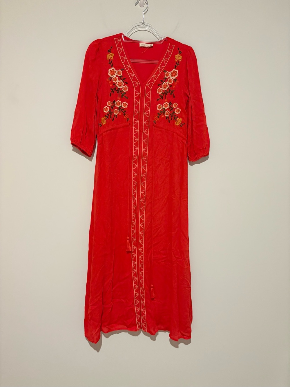 Roolee Embroidered Floral Tassel Maxi Dress 3/4 sleeves Red size XXS